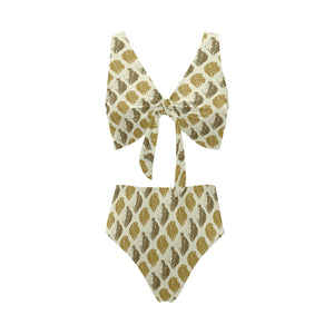 Lion Pattern Print Design 02 Chest Bowknot High Waisted Bikini Swimsuit