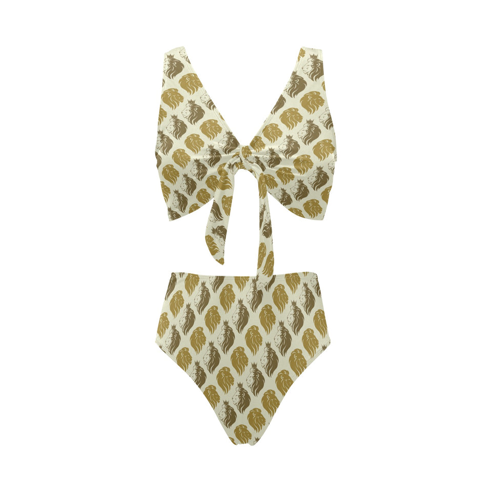Lion Pattern Print Design 02 Chest Bowknot High Waisted Bikini Swimsuit