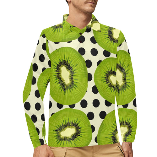 kiwi black dot background Men's Long Sleeve Polo Shirt