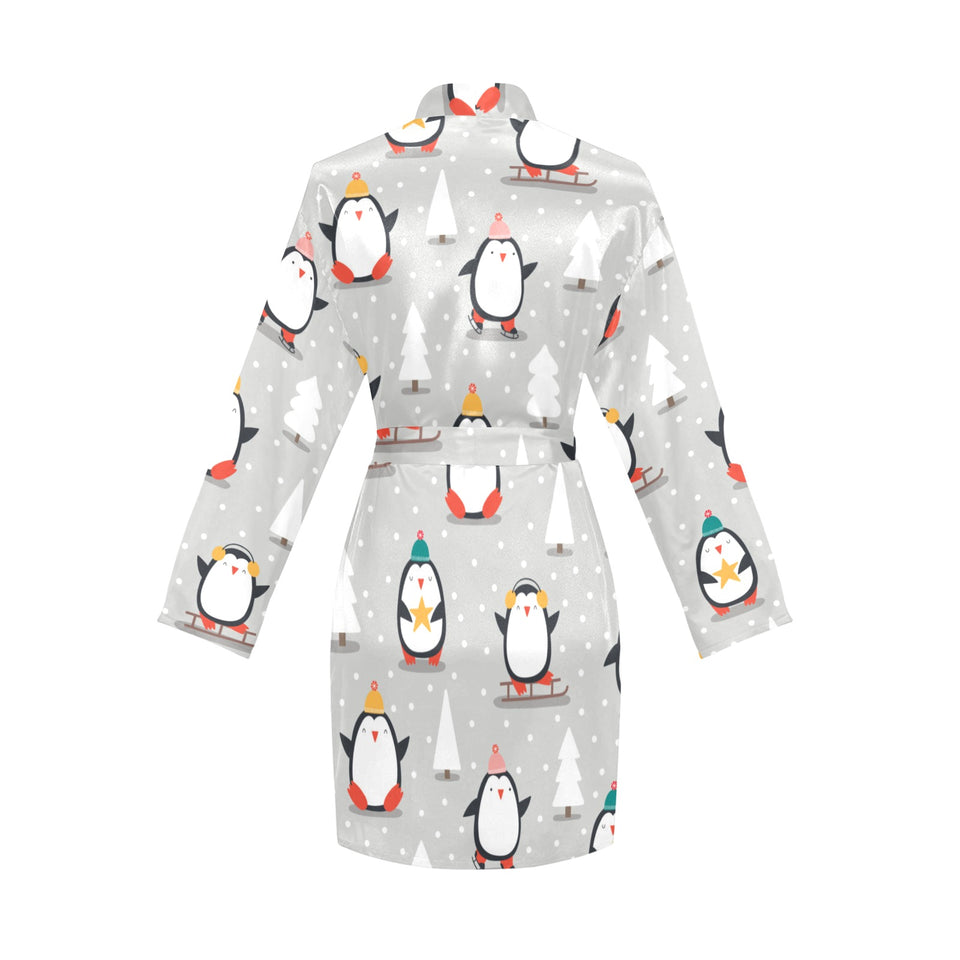 Cute Penguin christmas pattern Women's Long Sleeve Belted Night Robe