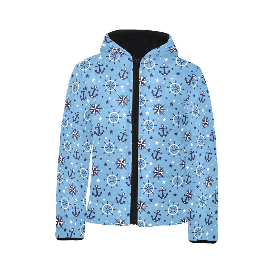 Anchors rudder compass star nautical pattern Kids' Boys' Girls' Padded Hooded Jacket