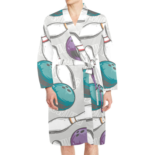 Bowling ball and pin gray background Men's Long Sleeve Belted Night Robe