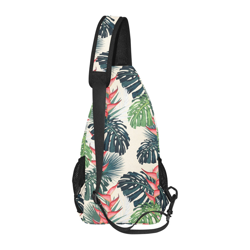 heliconia flowers, palm and monstera leaves All Over Print Chest Bag