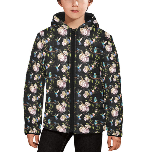 Hummingbird Pattern Print Design 03 Kids' Boys' Girls' Padded Hooded Jacket