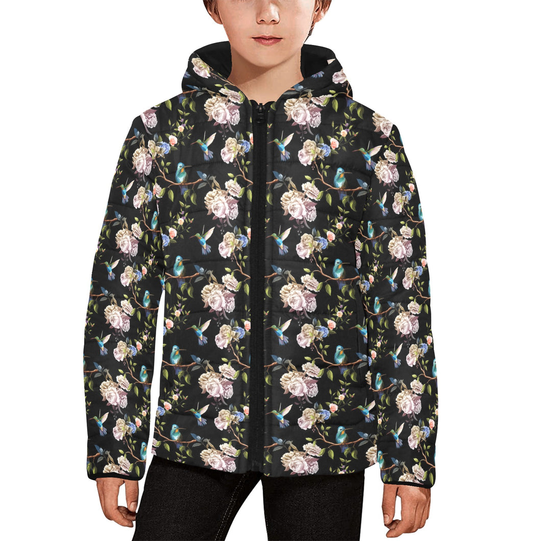 Hummingbird Pattern Print Design 03 Kids' Boys' Girls' Padded Hooded Jacket
