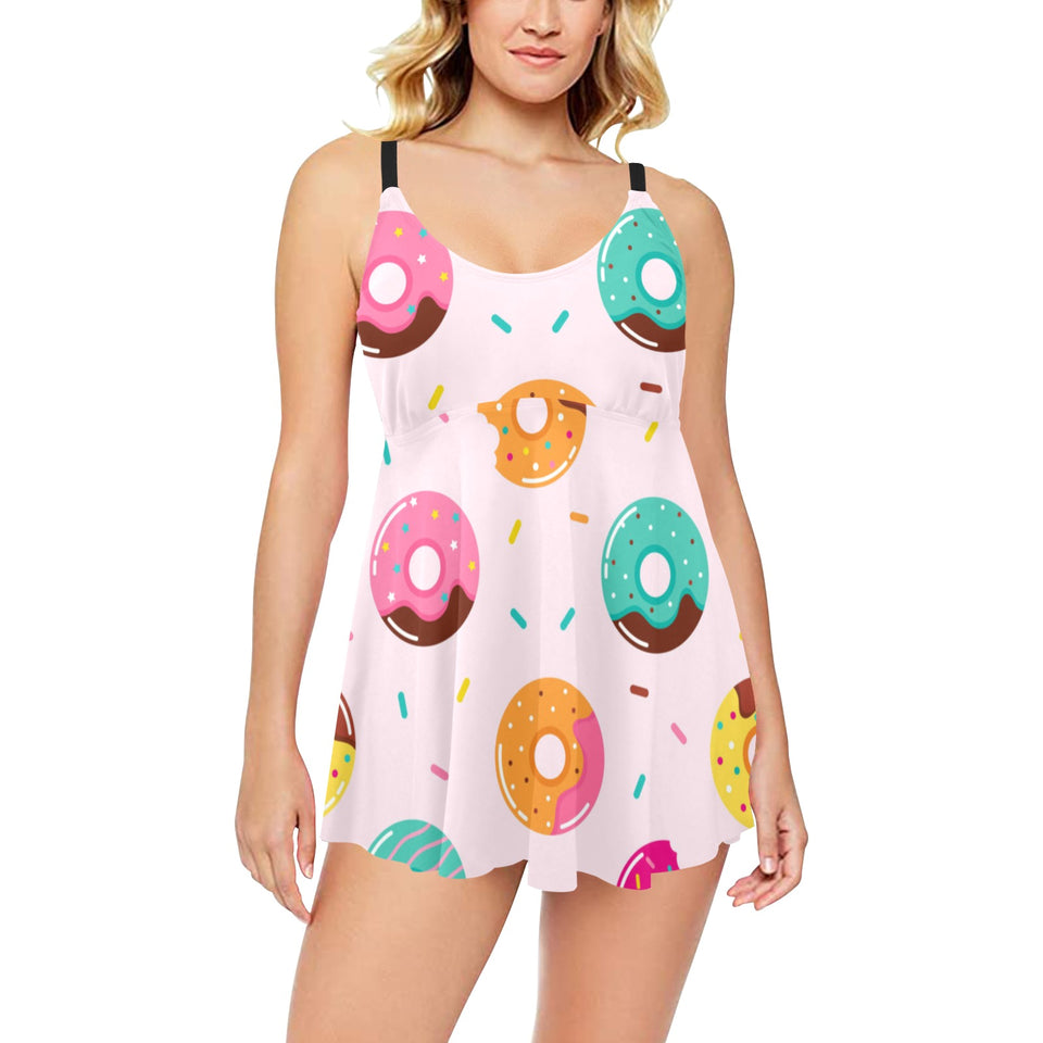 Donut pattern glaze pink background Chest Sexy Pleated Two Piece Swim Dress