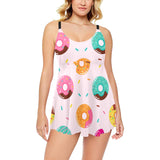 Donut pattern glaze pink background Chest Sexy Pleated Two Piece Swim Dress