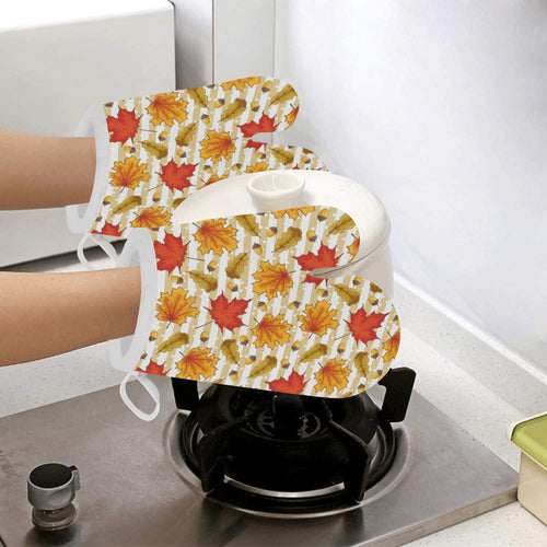 Maple leaf oak leaf acorns beige striped backgroun Heat Resistant Oven Mitts