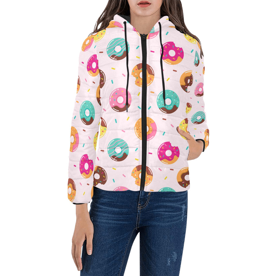 Donut pattern glaze pink background Women's Padded Hooded Jacket