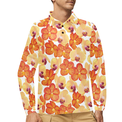 Orange yellow orchid flower pattern background Men's Long Sleeve Polo Shirt