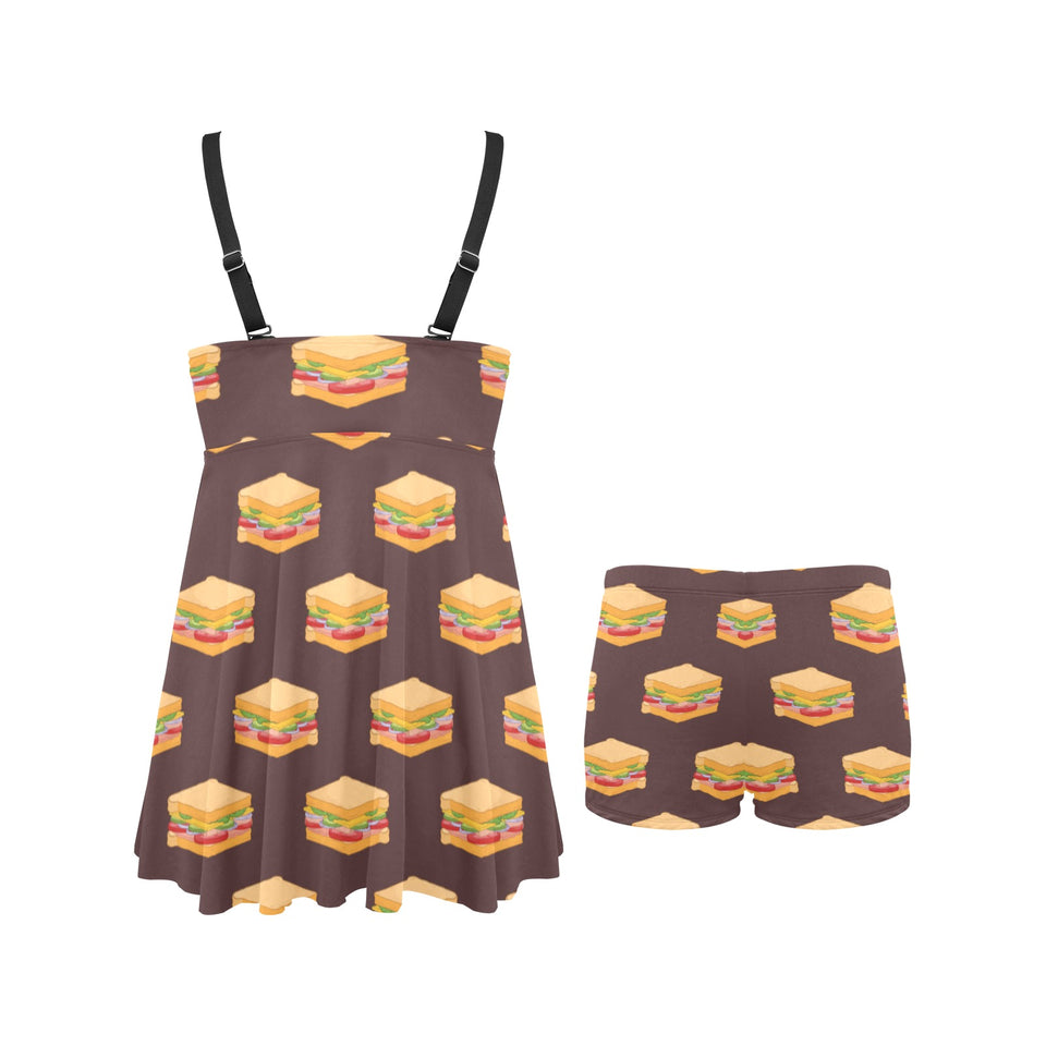 Sandwich Pattern Print Design 04 Chest Sexy Pleated Two Piece Swim Dress