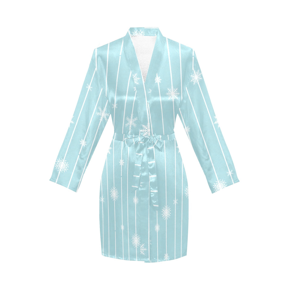 Snowflake pattern blue stripe background Women's Long Sleeve Belted Night Robe