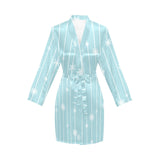 Snowflake pattern blue stripe background Women's Long Sleeve Belted Night Robe