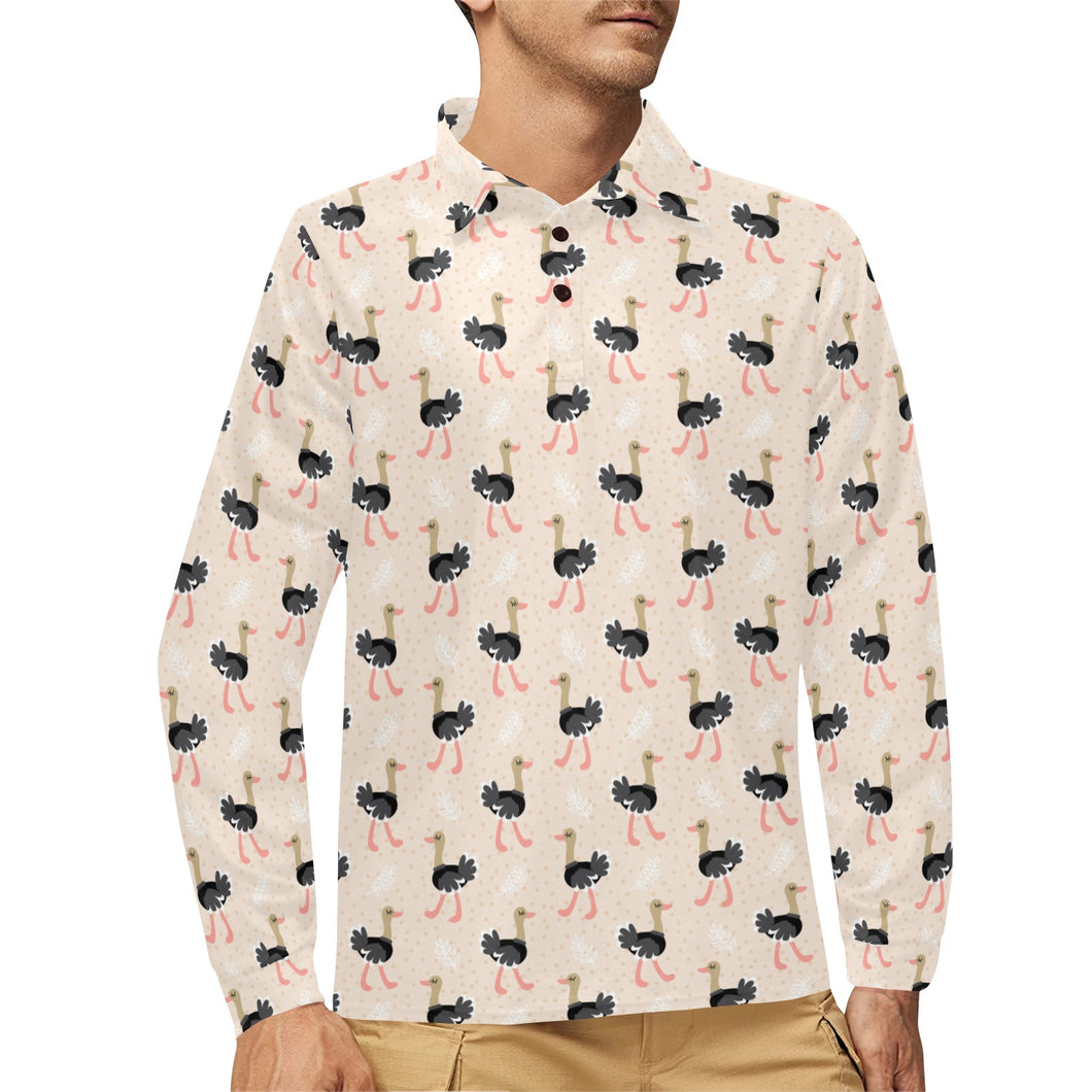 Ostrich Pattern Print Design 05 Men's Long Sleeve Polo Shirt