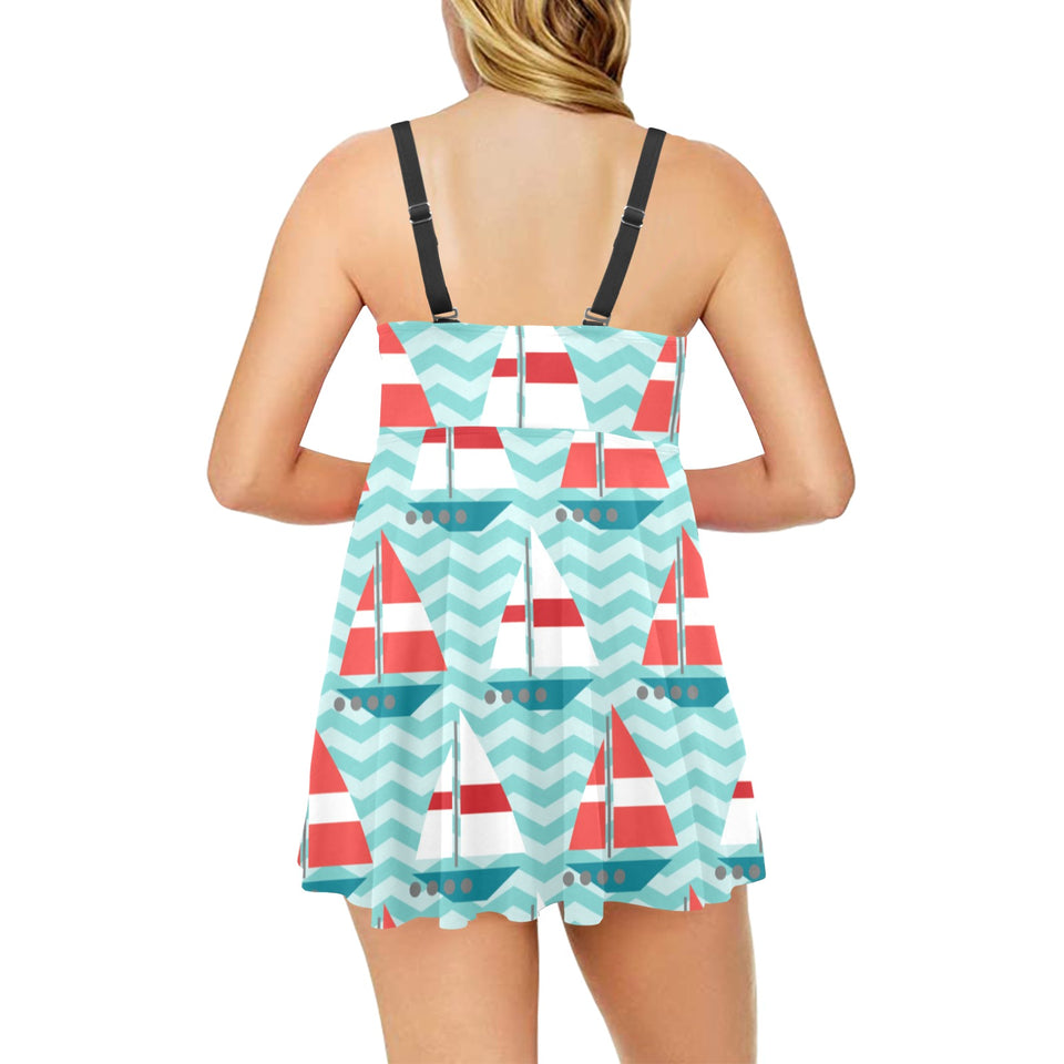 Red White sailboat wave background Chest Sexy Pleated Two Piece Swim Dress