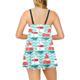 Red White sailboat wave background Chest Sexy Pleated Two Piece Swim Dress