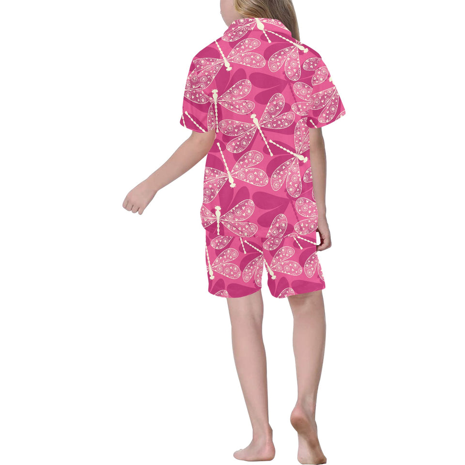 Beautiful dragonfly pink background Kids' Boys' Girls' V-Neck Short Pajama Set