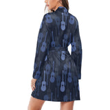 Blue Theme guitar pattern Women's Long Sleeve Belted Night Robe