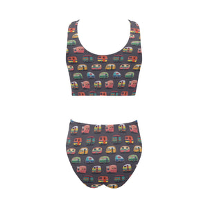 Camper Van Pattern Print Design 02 Chest Bowknot High Waisted Bikini Swimsuit