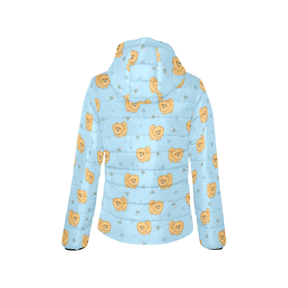 Brown cute pomeranian blue blackground Women's Padded Hooded Jacket