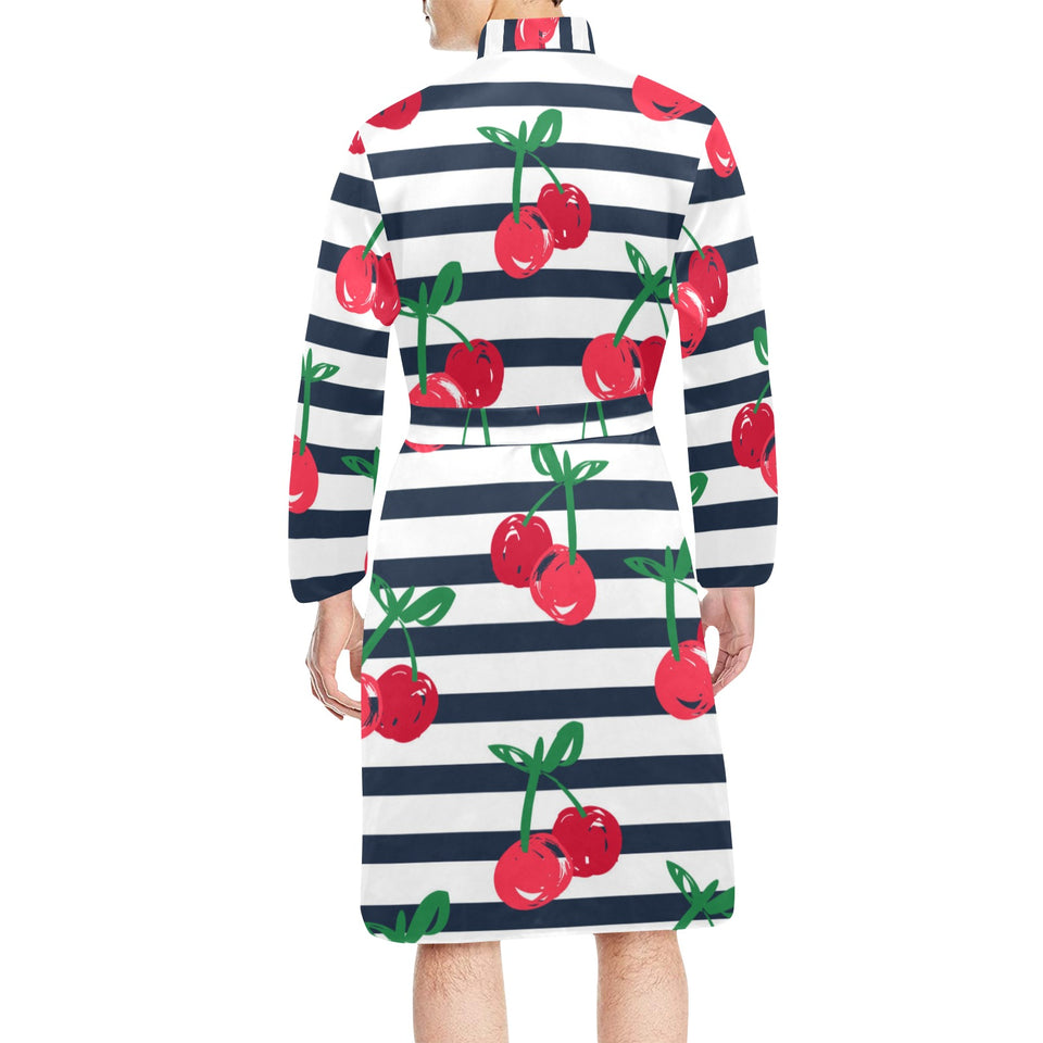 Hand drawn cherry pattern striped background Men's Long Sleeve Belted Night Robe