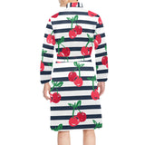 Hand drawn cherry pattern striped background Men's Long Sleeve Belted Night Robe