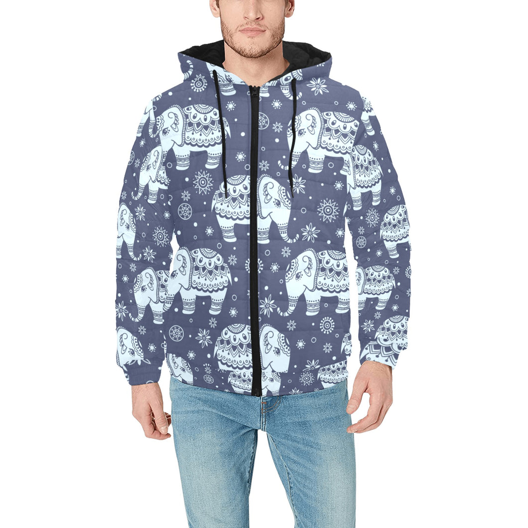 Elephant tribal design pattern Men's Padded Hooded Jacket