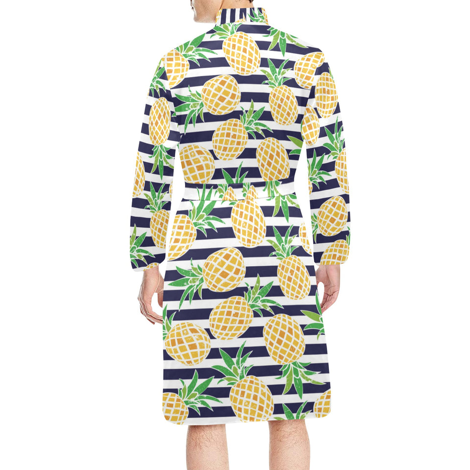 Pineapples pattern striped background Men's Long Sleeve Belted Night Robe