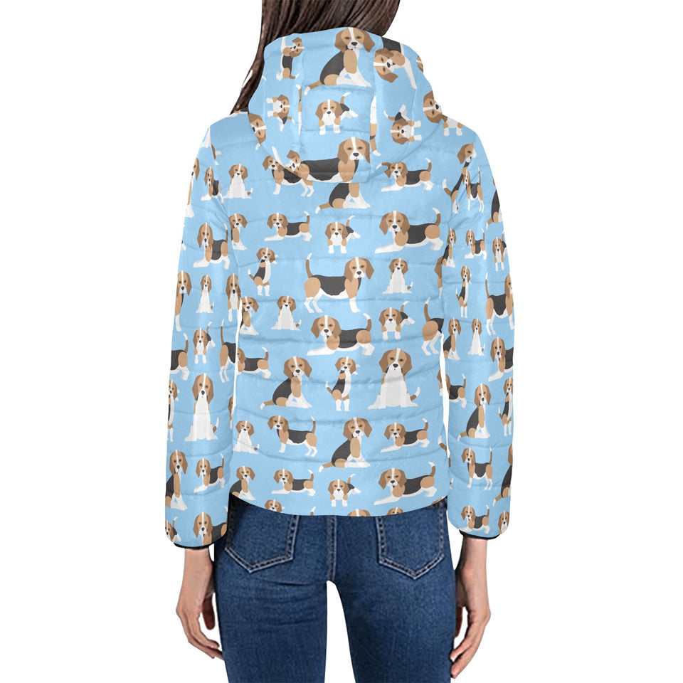 Beagle dog blue background pattern Women's Padded Hooded Jacket