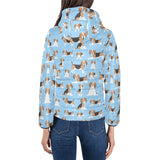 Beagle dog blue background pattern Women's Padded Hooded Jacket