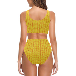 Corn Pattern Print Design 04 Chest Bowknot High Waisted Bikini Swimsuit