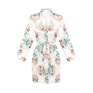 Square floral indian flower pattern Women's Long Sleeve Belted Night Robe