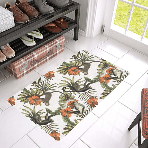 Monkey red hibiscus flower palm leaves floral patt Doormat