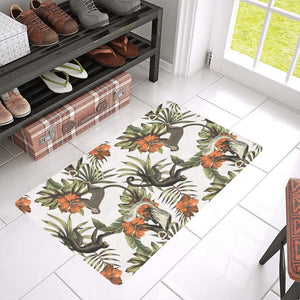 Monkey red hibiscus flower palm leaves floral patt Doormat