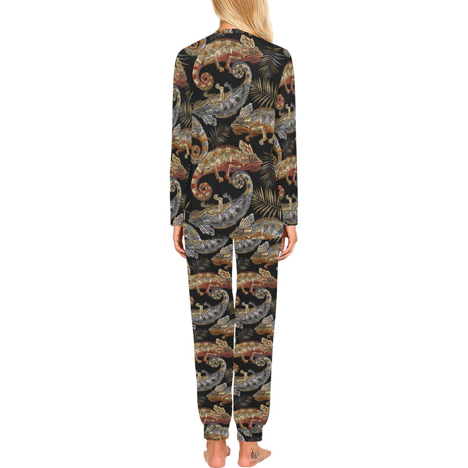 Chameleon lizard tropical leaves palm tree Women's All Over Print Pajama Set