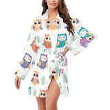 Cute owl pattern Women's Long Sleeve Belted Night Robe