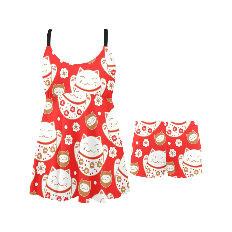 Cute Maneki neko cat red background Chest Sexy Pleated Two Piece Swim Dress