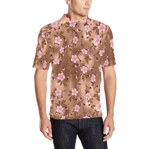 Pink sakura cherry blossom drak brown background Men's All Over Print Polo Shirt