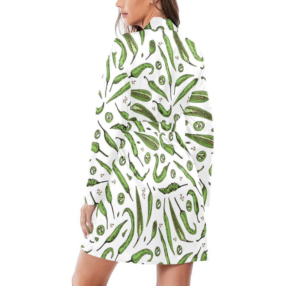 Hand drawn sketch style green Chili peppers patter Women's Long Sleeve Belted Night Robe