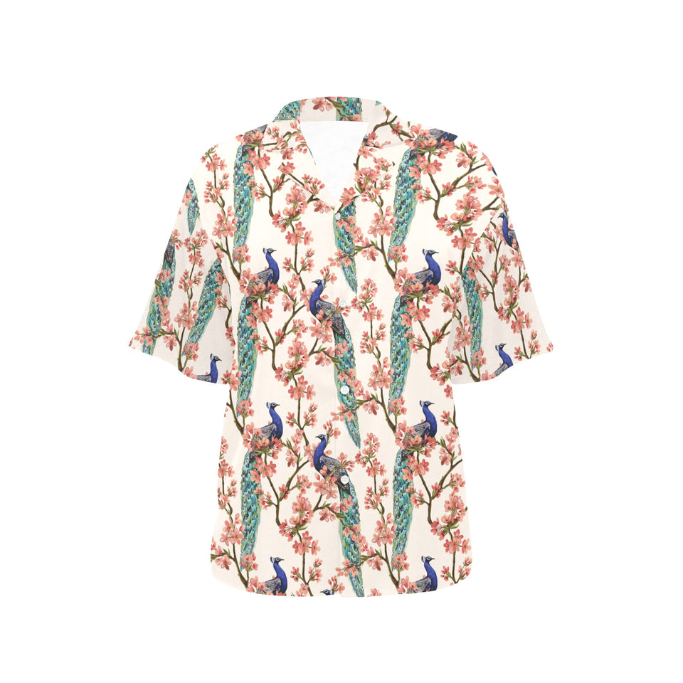 Peacock tropical flower pattern Women's All Over Print Hawaiian Shirt