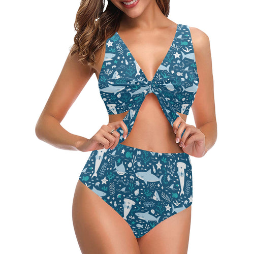 Cute shark pattern Chest Bowknot High Waisted Bikini Swimsuit