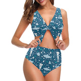 Cute shark pattern Chest Bowknot High Waisted Bikini Swimsuit