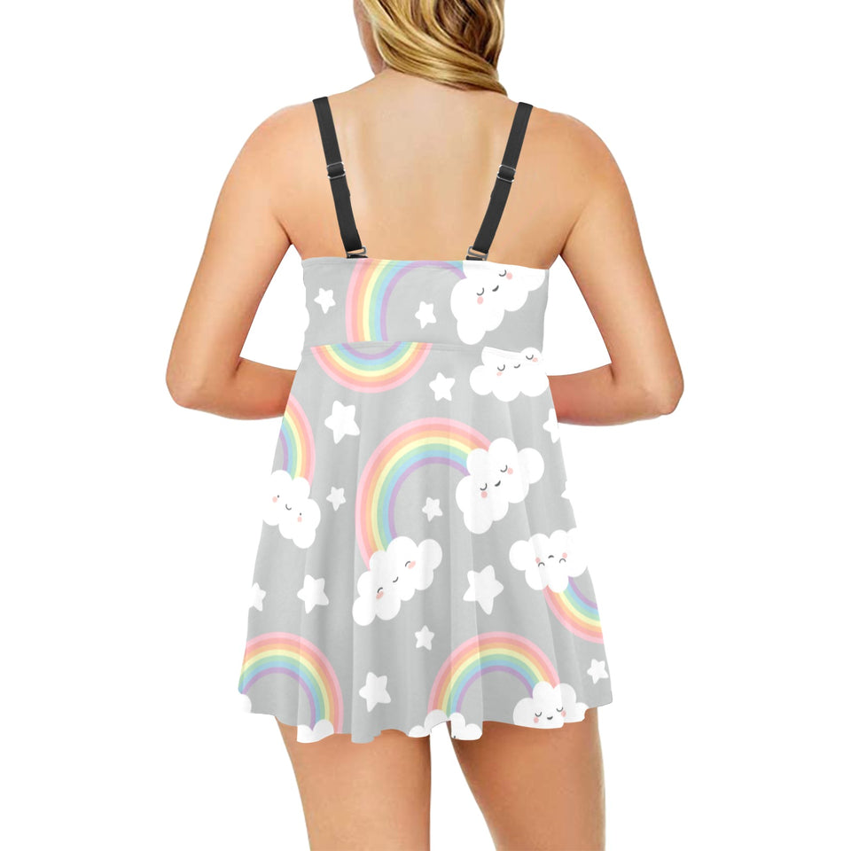 Cute rainbow clound star pattern Chest Sexy Pleated Two Piece Swim Dress