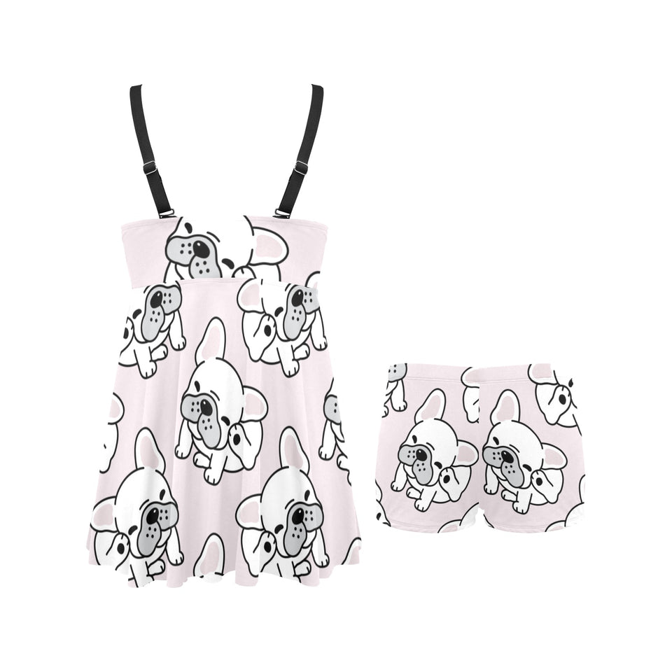 Cute french bulldog pattern Chest Sexy Pleated Two Piece Swim Dress