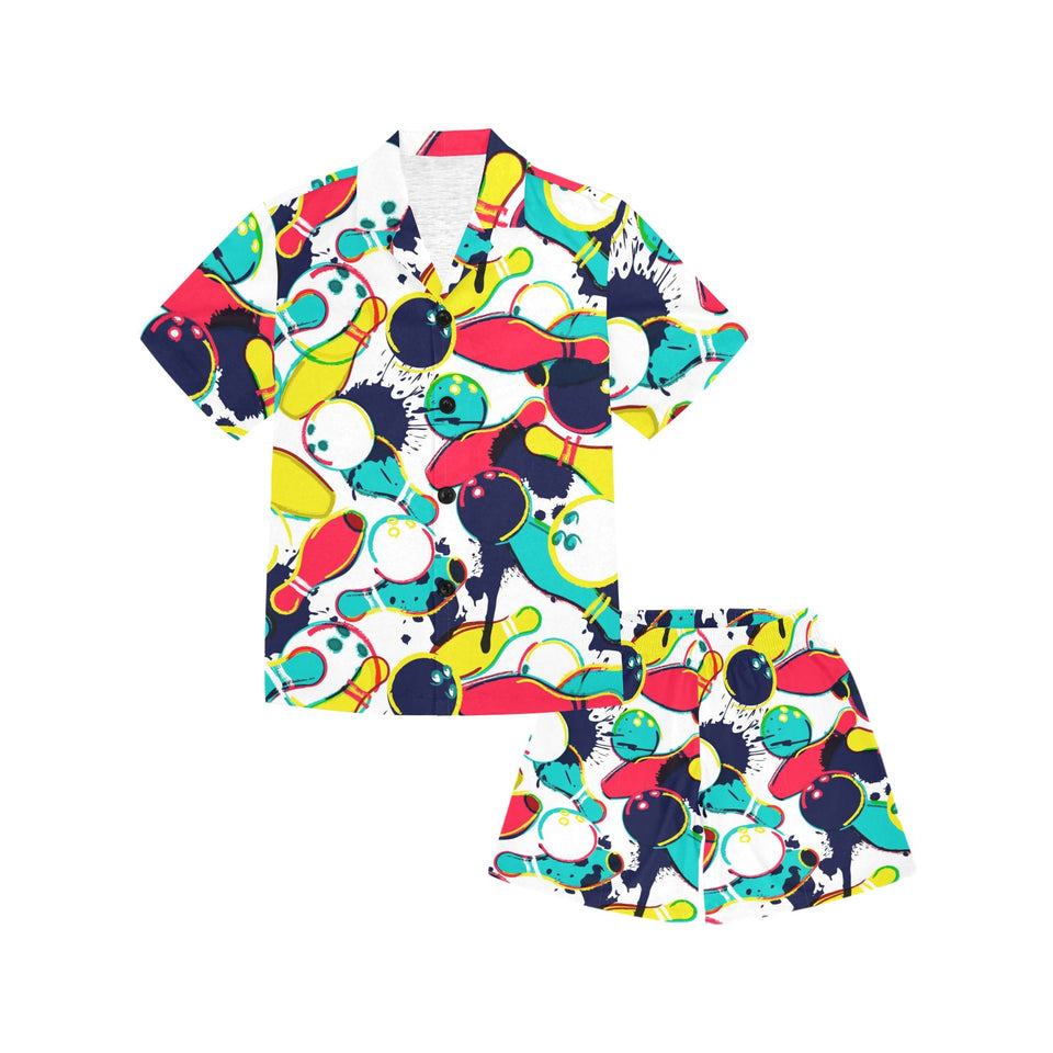 watercolor bowling ball pins Kids' Boys' Girls' V-Neck Short Pajama Set