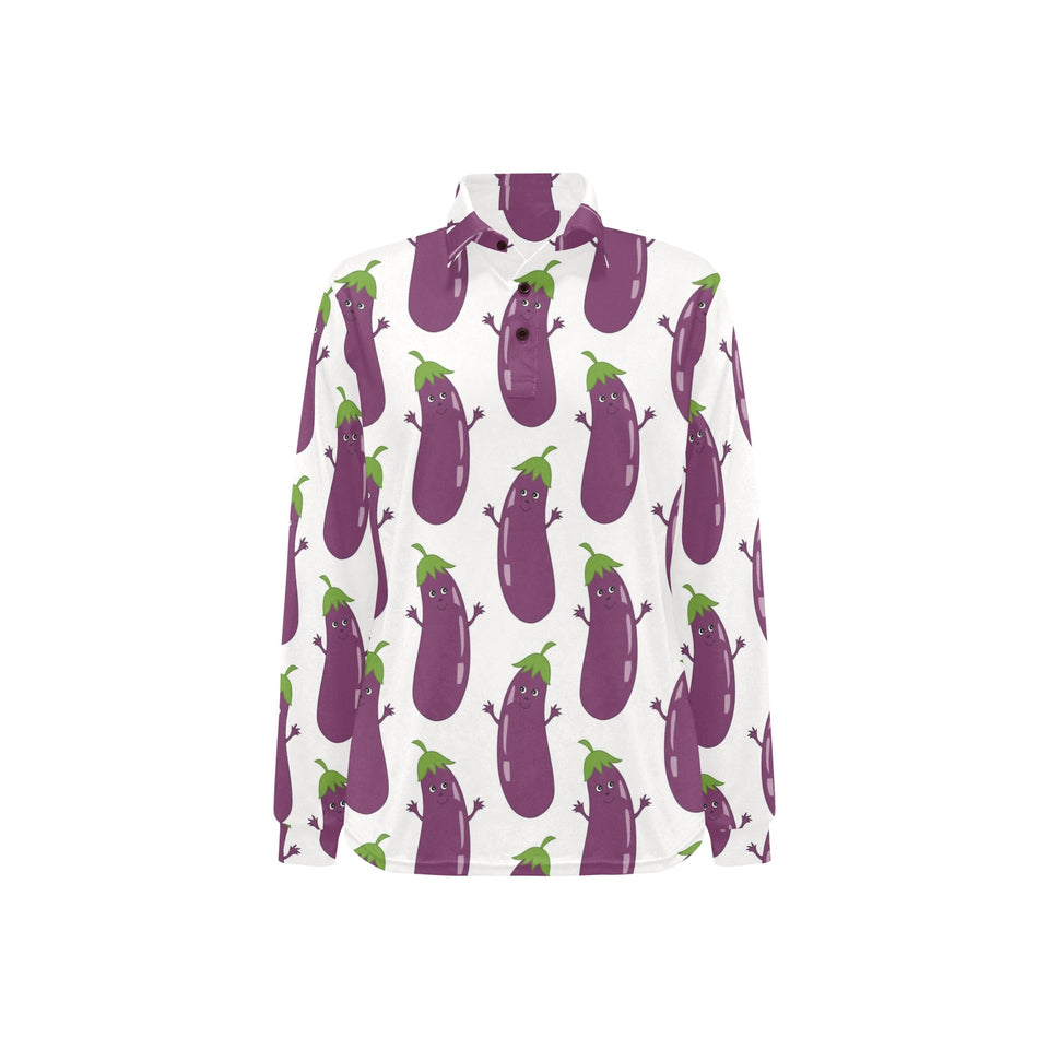 Eggplant Pattern Print Design 01 Women's Long Sleeve Polo Shirt