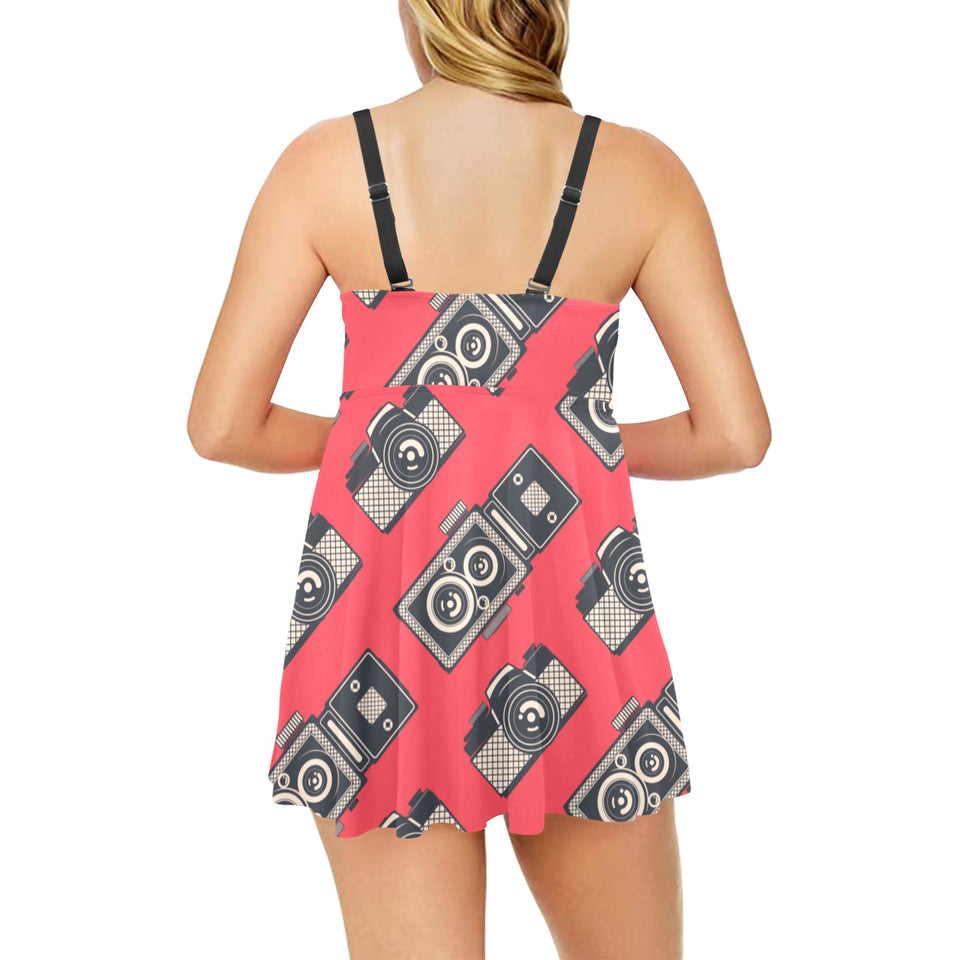 Camera Pattern Print Design 05 Chest Sexy Pleated Two Piece Swim Dress
