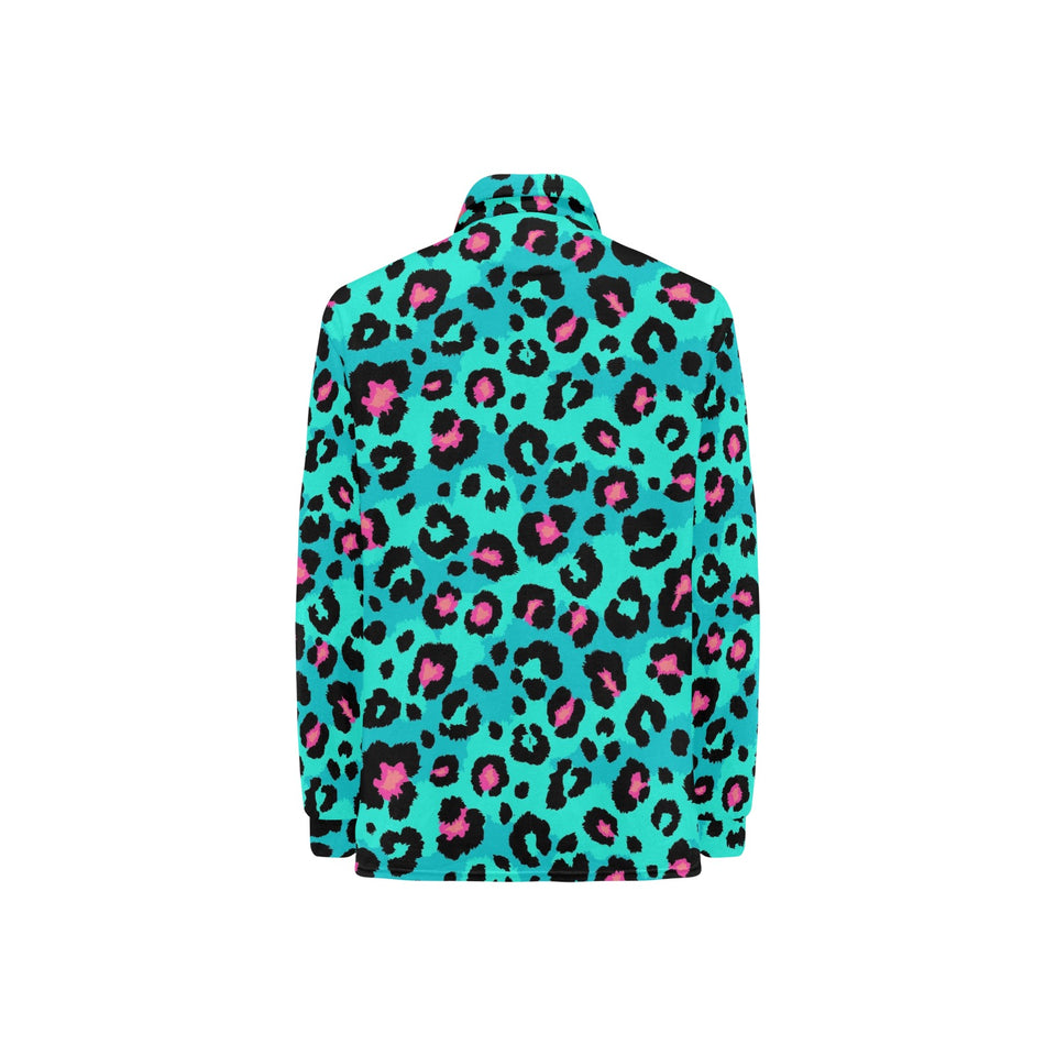 Green leopard skin print pattern Women's Long Sleeve Polo Shirt