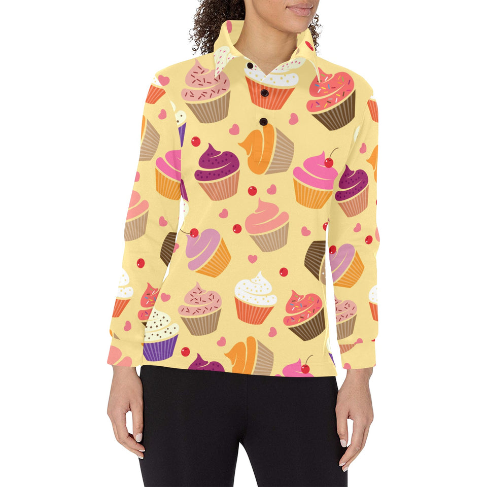 cake cupcake heart cherry pattern Women's Long Sleeve Polo Shirt
