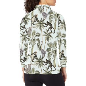 Monkey sloth lemur palm trees pattern Women's Long Sleeve Polo Shirt